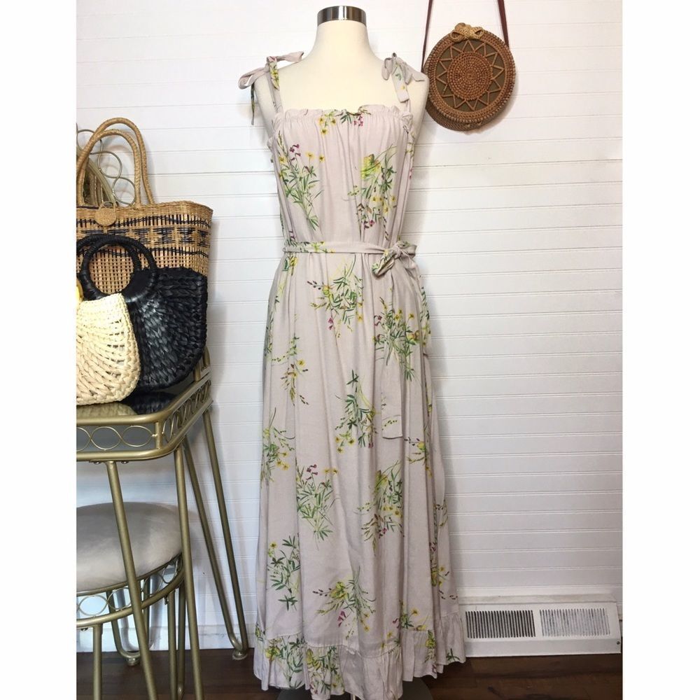 a Loves a Cottagecore Floral Belted Tan Jumper Dress NWT Size XSmall